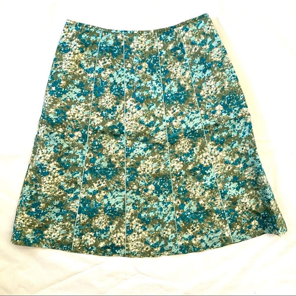 Ann Taylor 4 Aqua Blue/Green Abstract Floral Print Gored 100% Cotton Skirt